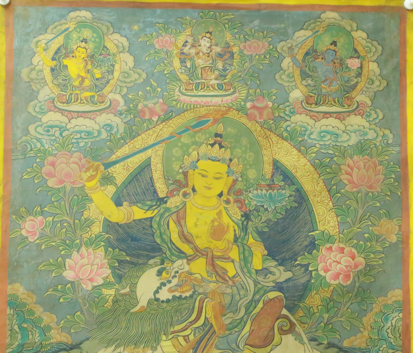 An Exquiste Painted Gold Manjusri Thangka