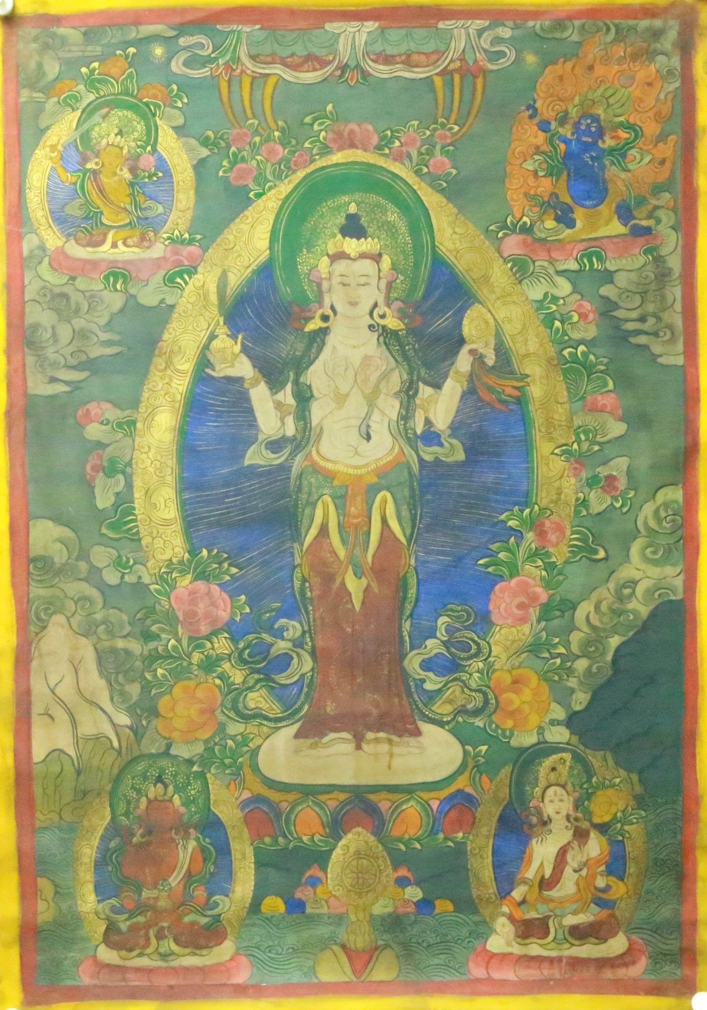 An Exquiste Painted Gold Four-Armed Avalokiteshvara Thangka