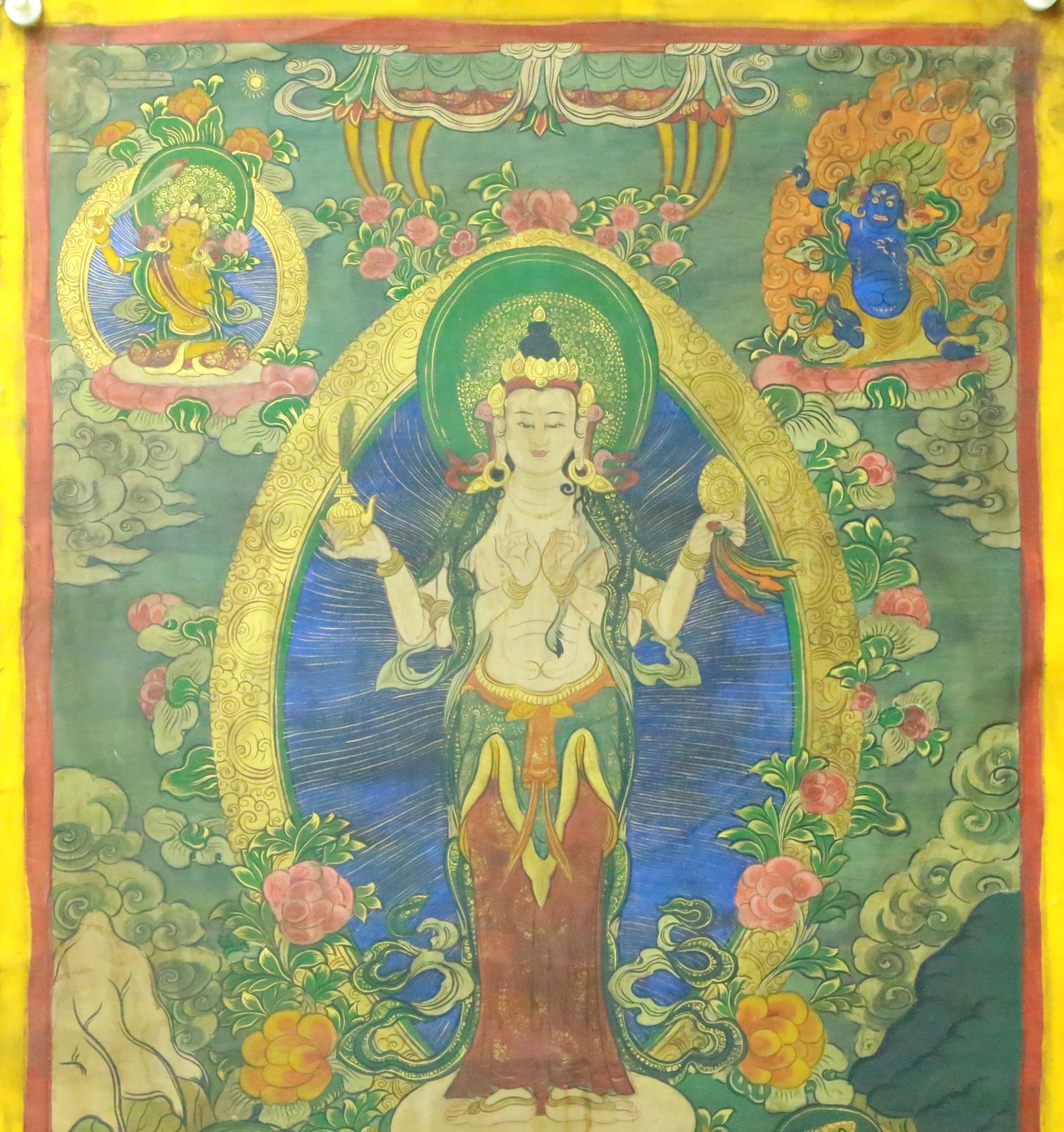 An Exquiste Painted Gold Four-Armed Avalokiteshvara Thangka