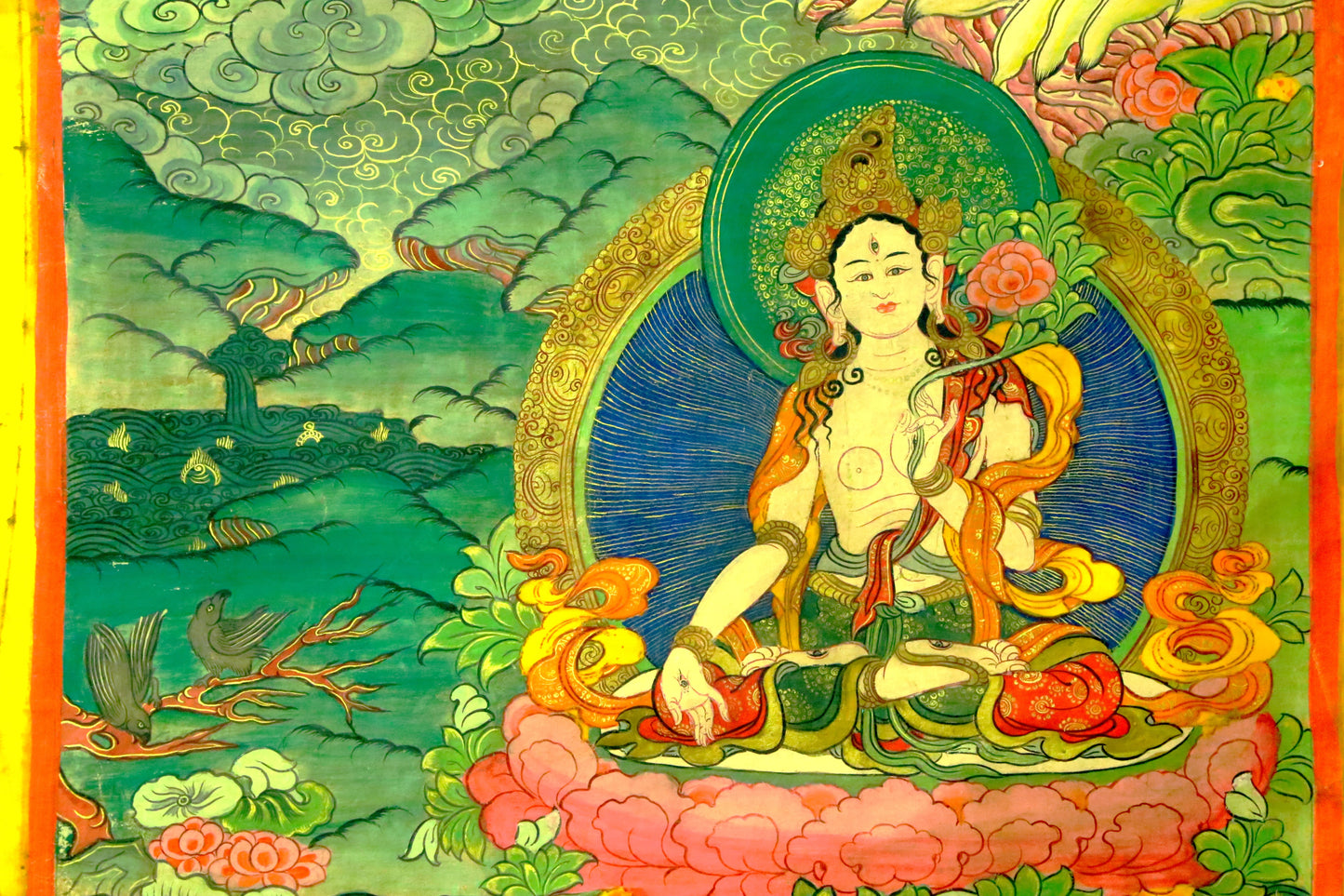 An Exquiste Painted Gold White Tara Thangka