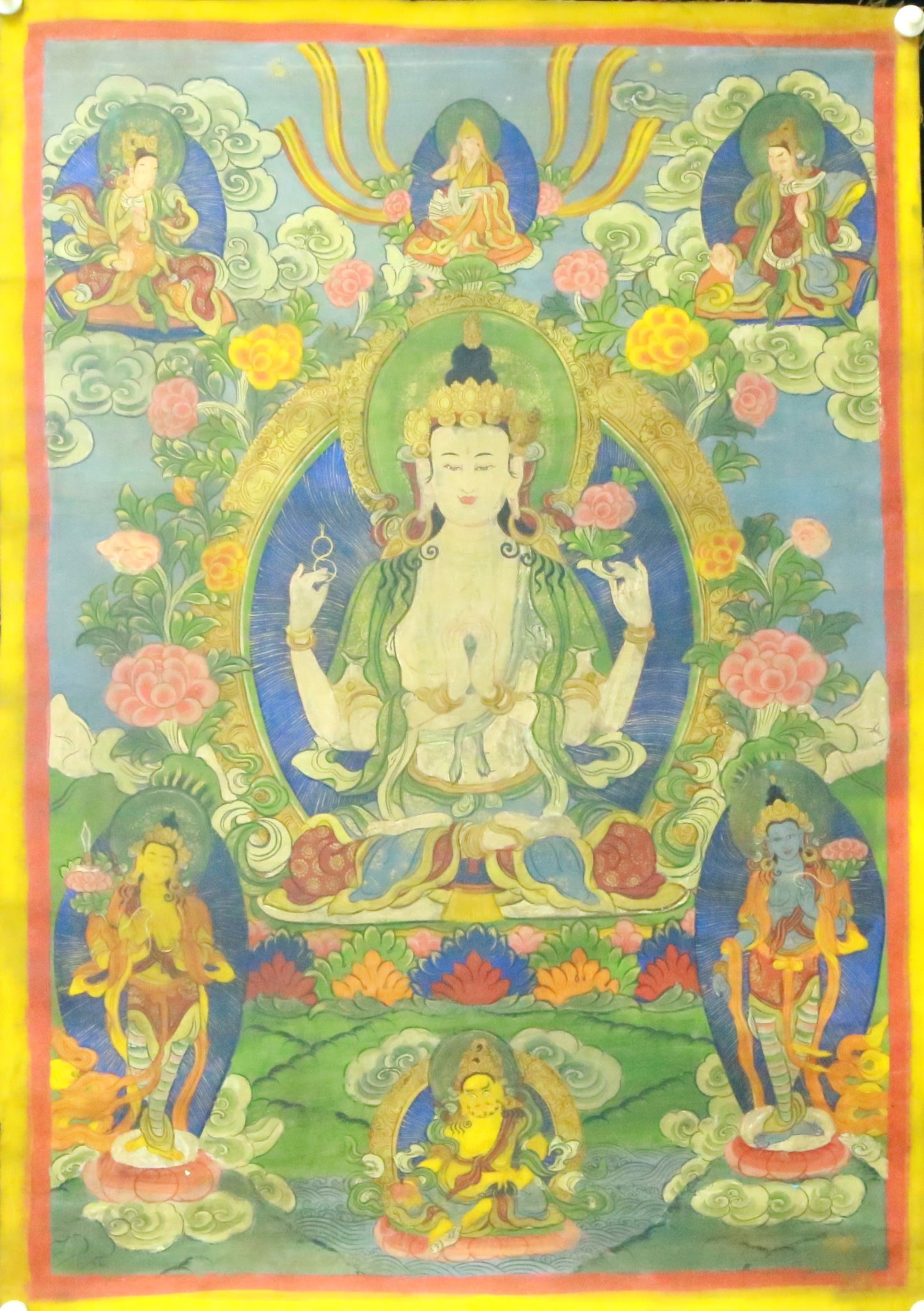 An Exquiste Painted Gold Four-Armed Avalokiteshvara Thangka