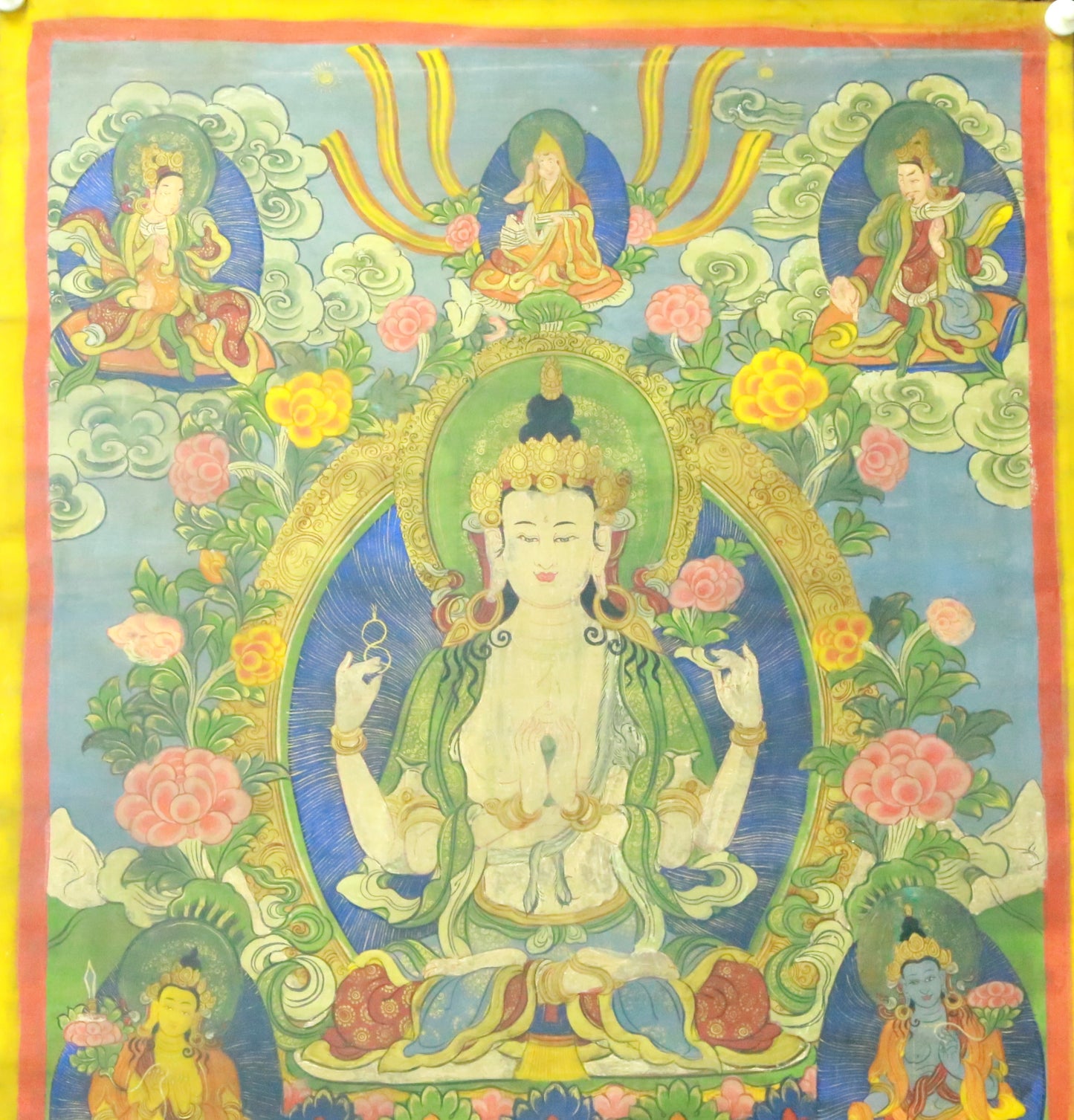 An Exquiste Painted Gold Four-Armed Avalokiteshvara Thangka