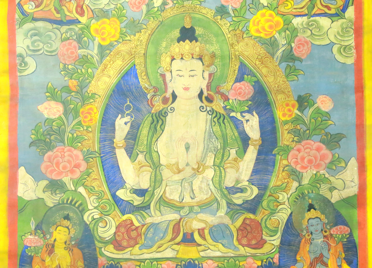 An Exquiste Painted Gold Four-Armed Avalokiteshvara Thangka