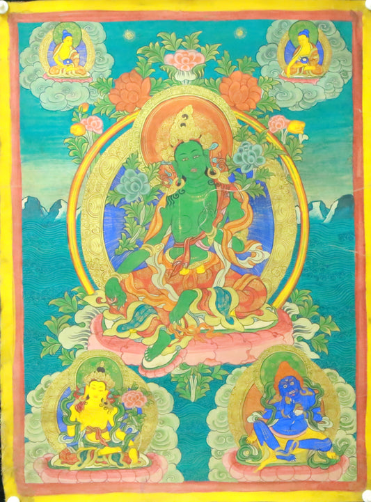 An Exquiste Painted Gold Green Tara Thangka