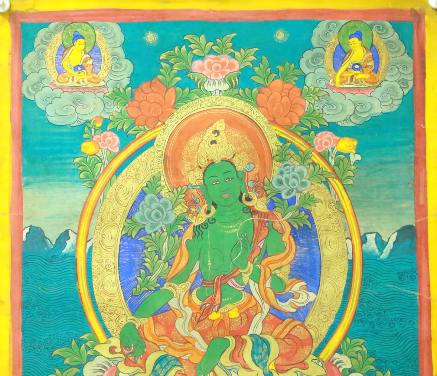 An Exquiste Painted Gold Green Tara Thangka