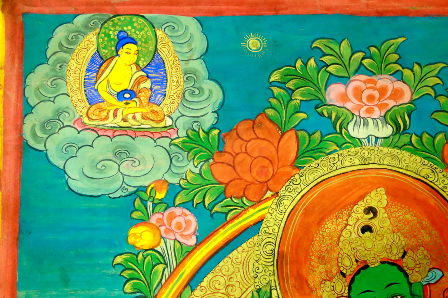 An Exquiste Painted Gold Green Tara Thangka