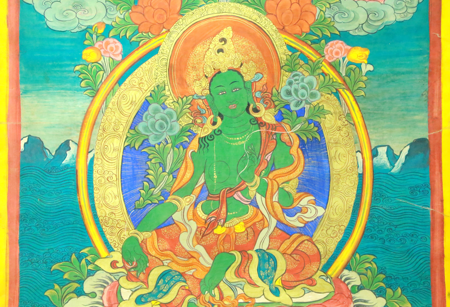 An Exquiste Painted Gold Green Tara Thangka