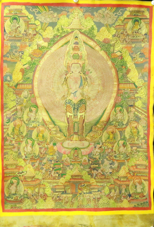 An Exquiste Painted Gold Thousand-armed Avalokiteshvara Thangka