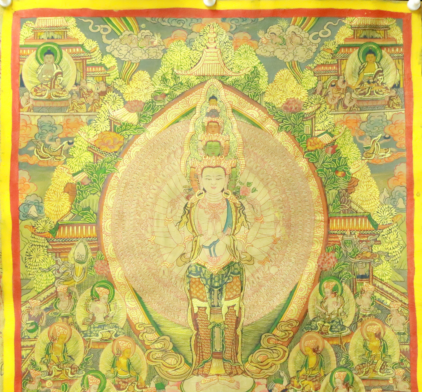 An Exquiste Painted Gold Thousand-armed Avalokiteshvara Thangka