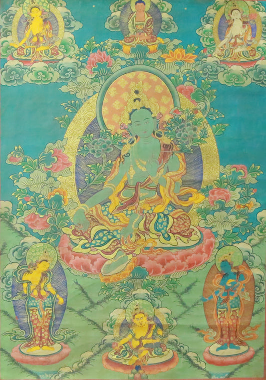 An Exquiste Painted Gold Green Tara Thangka