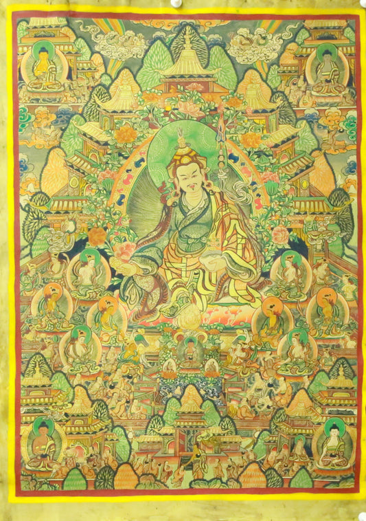 An Exquiste Painted Gold Padmasambhava Thangka