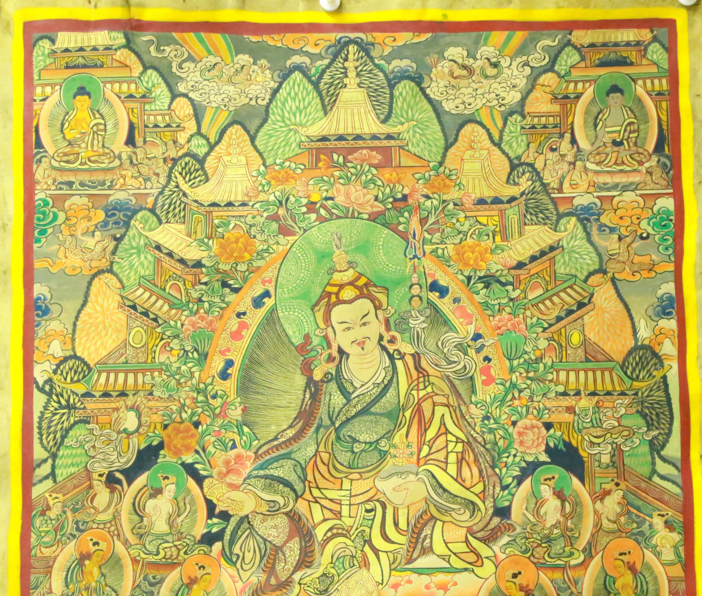 An Exquiste Painted Gold Padmasambhava Thangka