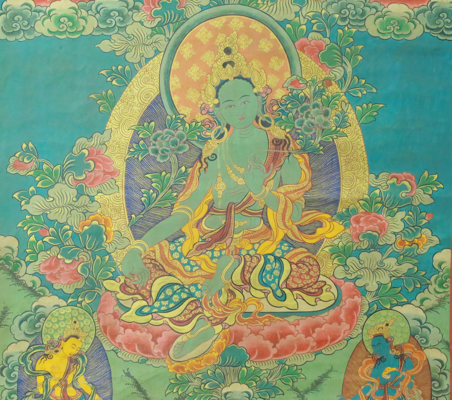 An Exquiste Painted Gold Green Tara Thangka