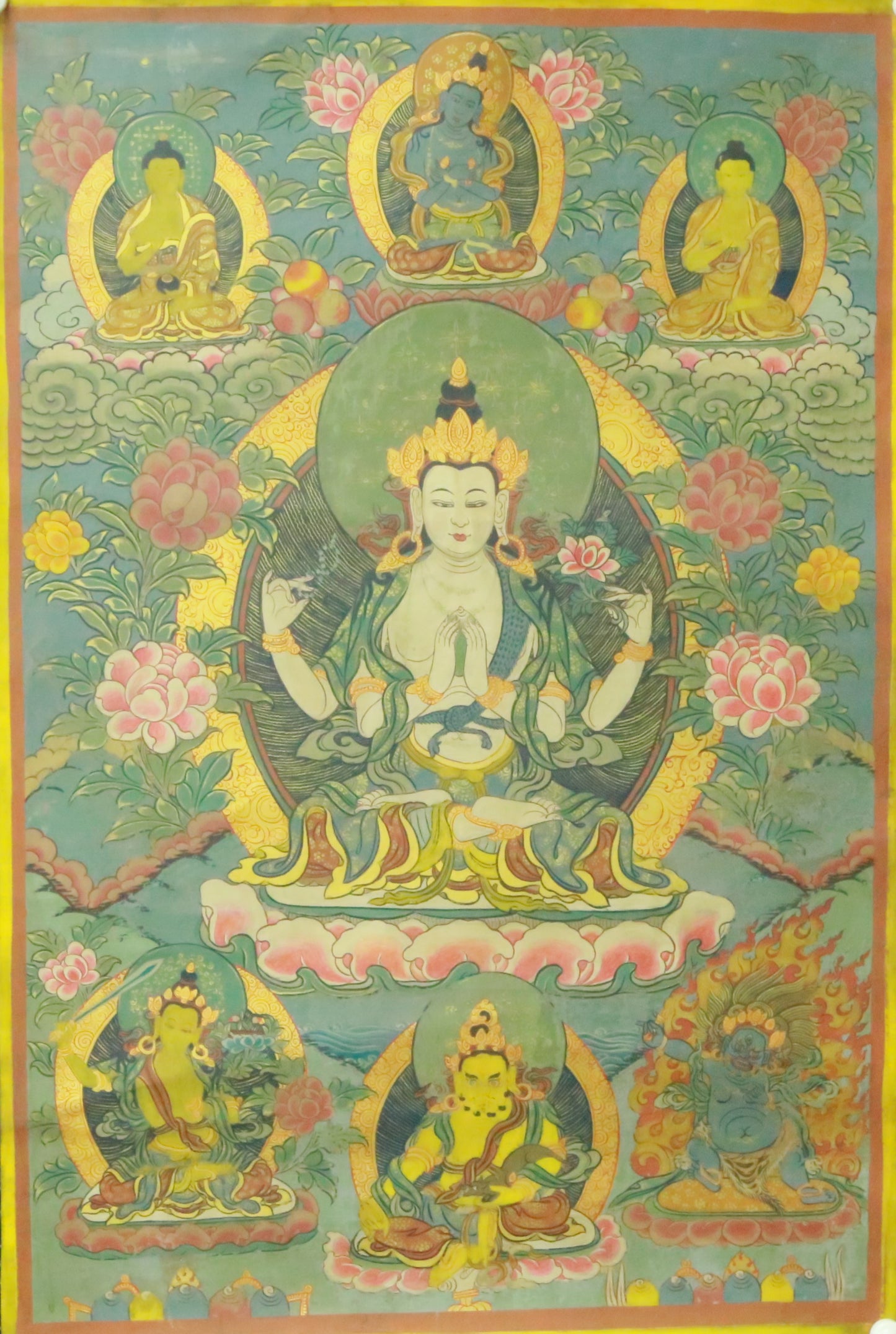 An Exquiste Painted Gold Four-Armed Avalokiteshvara Thangka