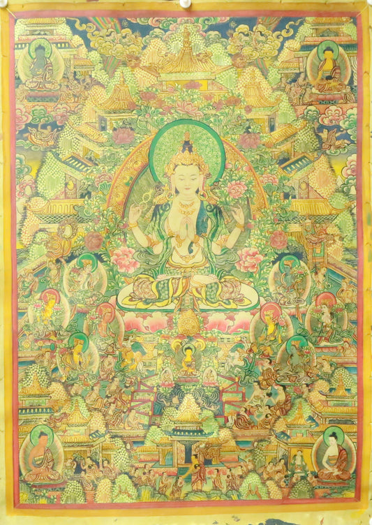 An Exquiste Painted Gold Four-Armed Avalokiteshvara Thangka