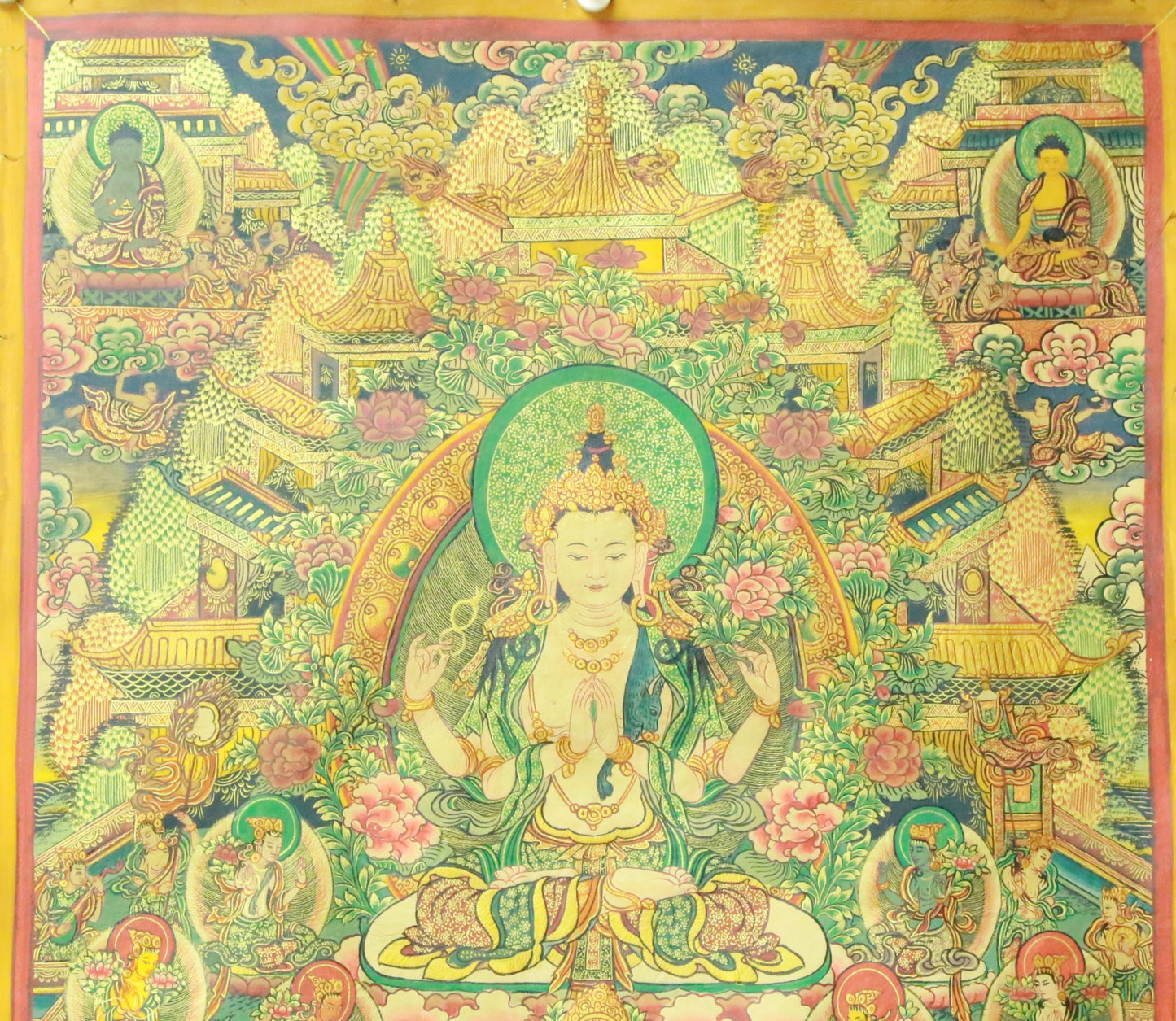 An Exquiste Painted Gold Four-Armed Avalokiteshvara Thangka