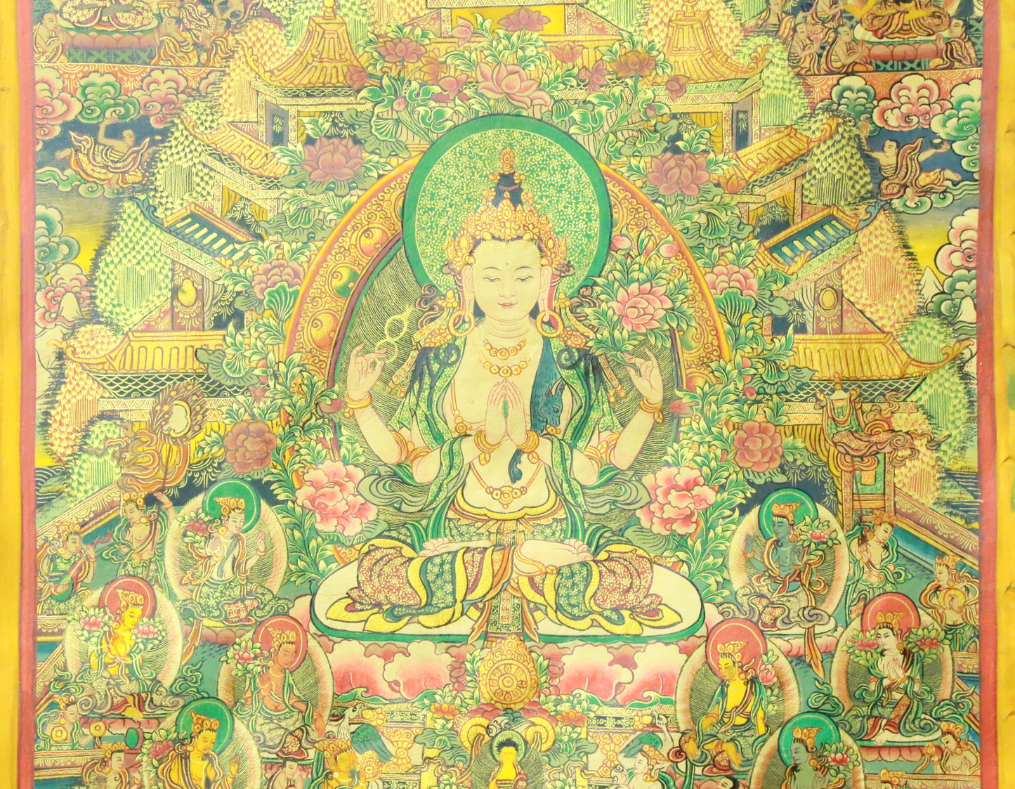 An Exquiste Painted Gold Four-Armed Avalokiteshvara Thangka