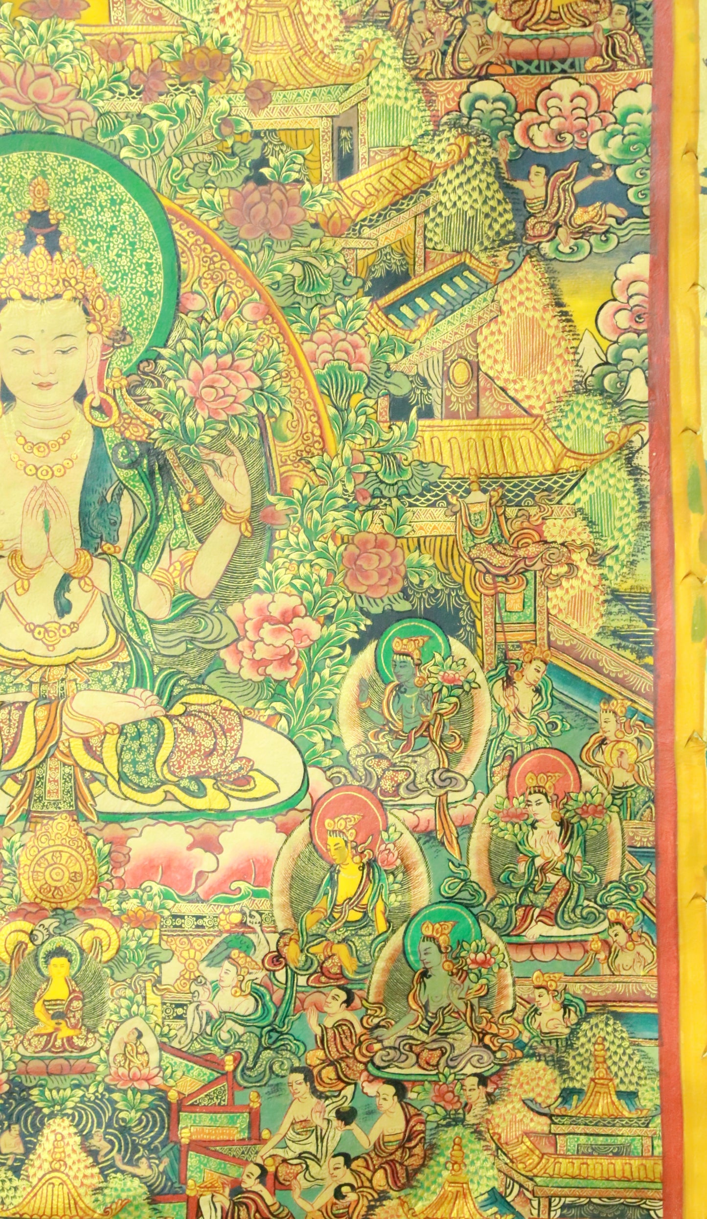 An Exquiste Painted Gold Four-Armed Avalokiteshvara Thangka