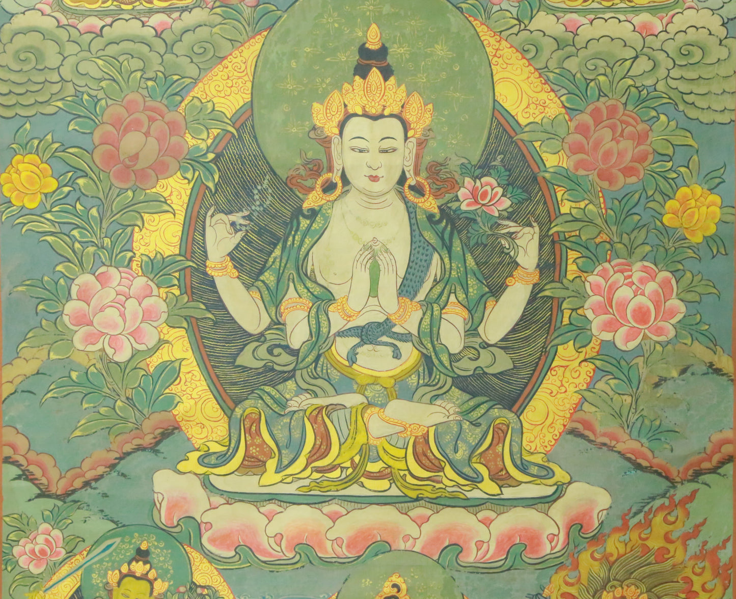 An Exquiste Painted Gold Four-Armed Avalokiteshvara Thangka