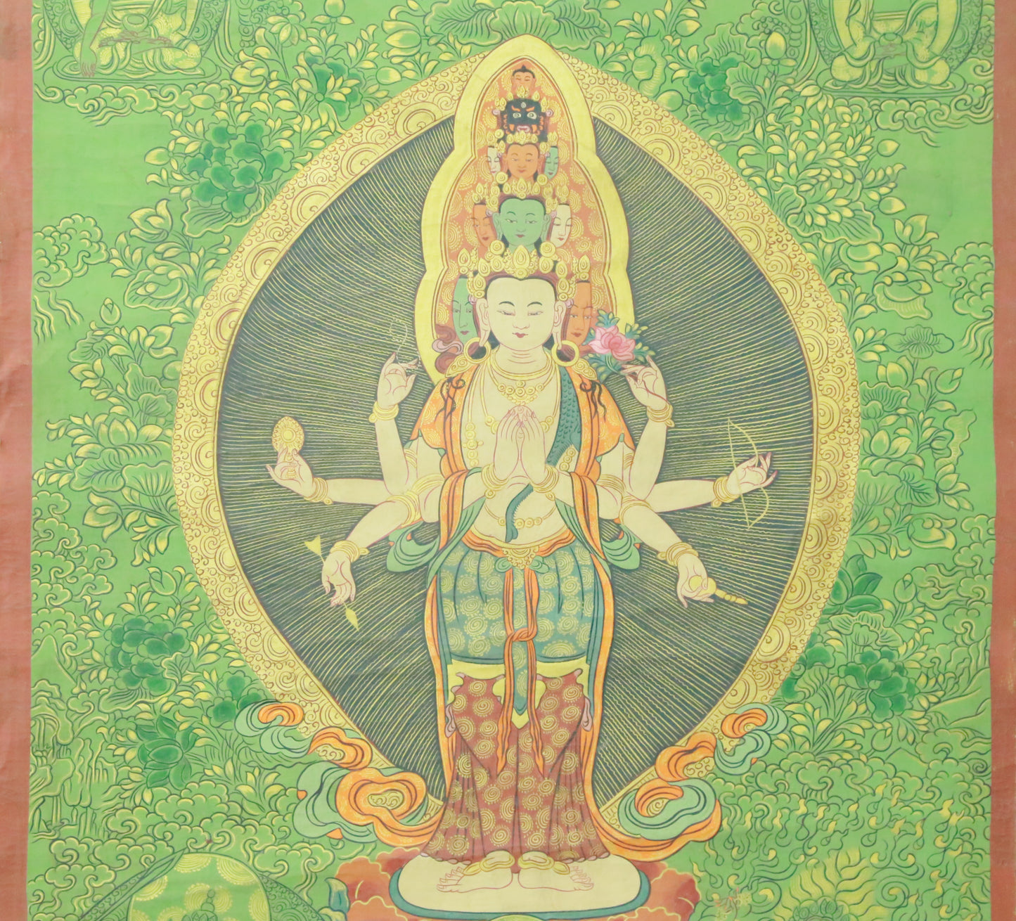 An Exquiste Painted Gold Eleven-faced Avalokiteshvara Thangka