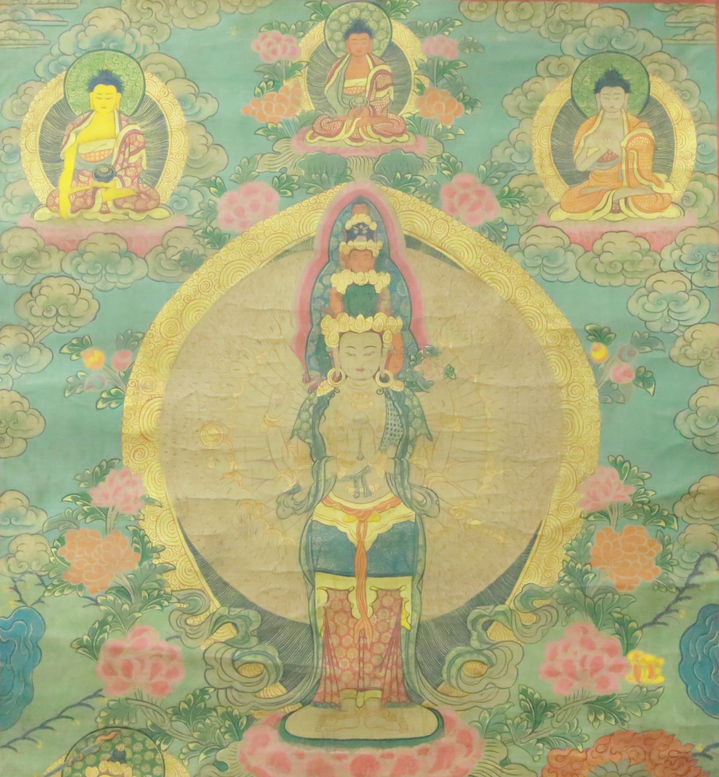 An Exquiste Painted Gold Thousand-armed Avalokiteshvara Thangka