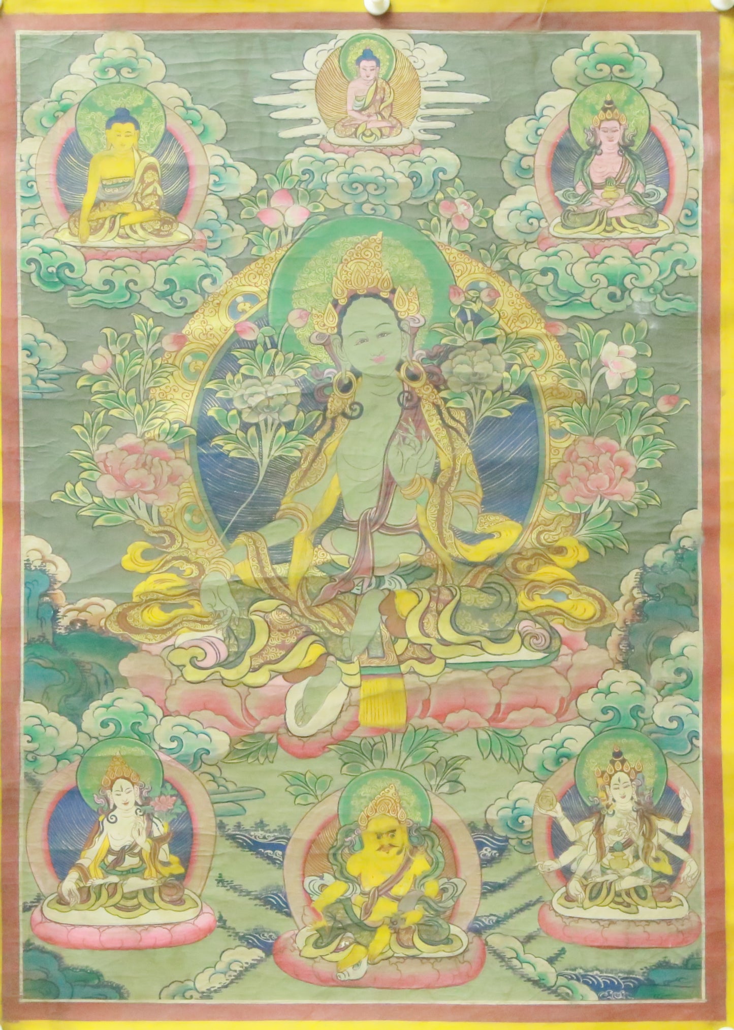 An Exquiste Painted Gold Green Tara Thangka