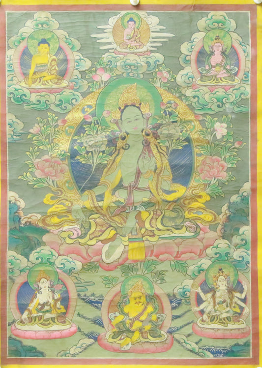 An Exquiste Painted Gold Green Tara Thangka