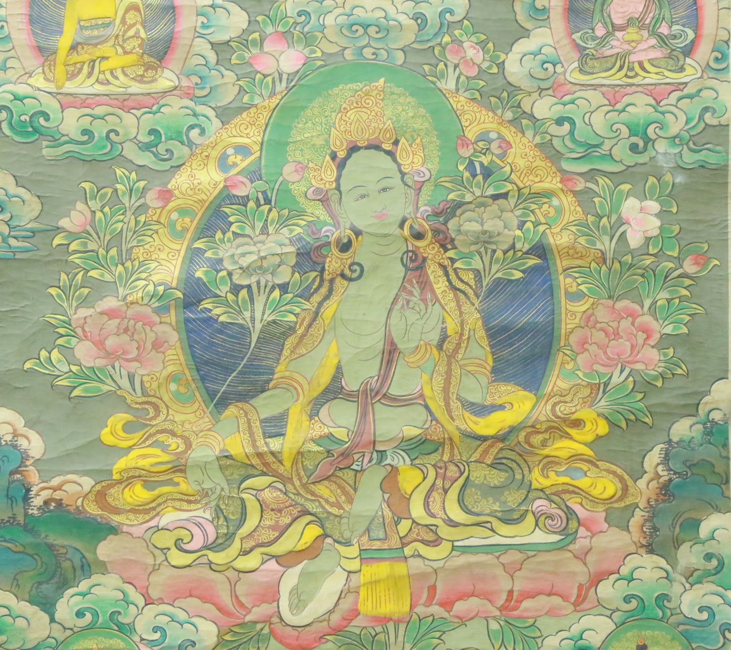 An Exquiste Painted Gold Green Tara Thangka