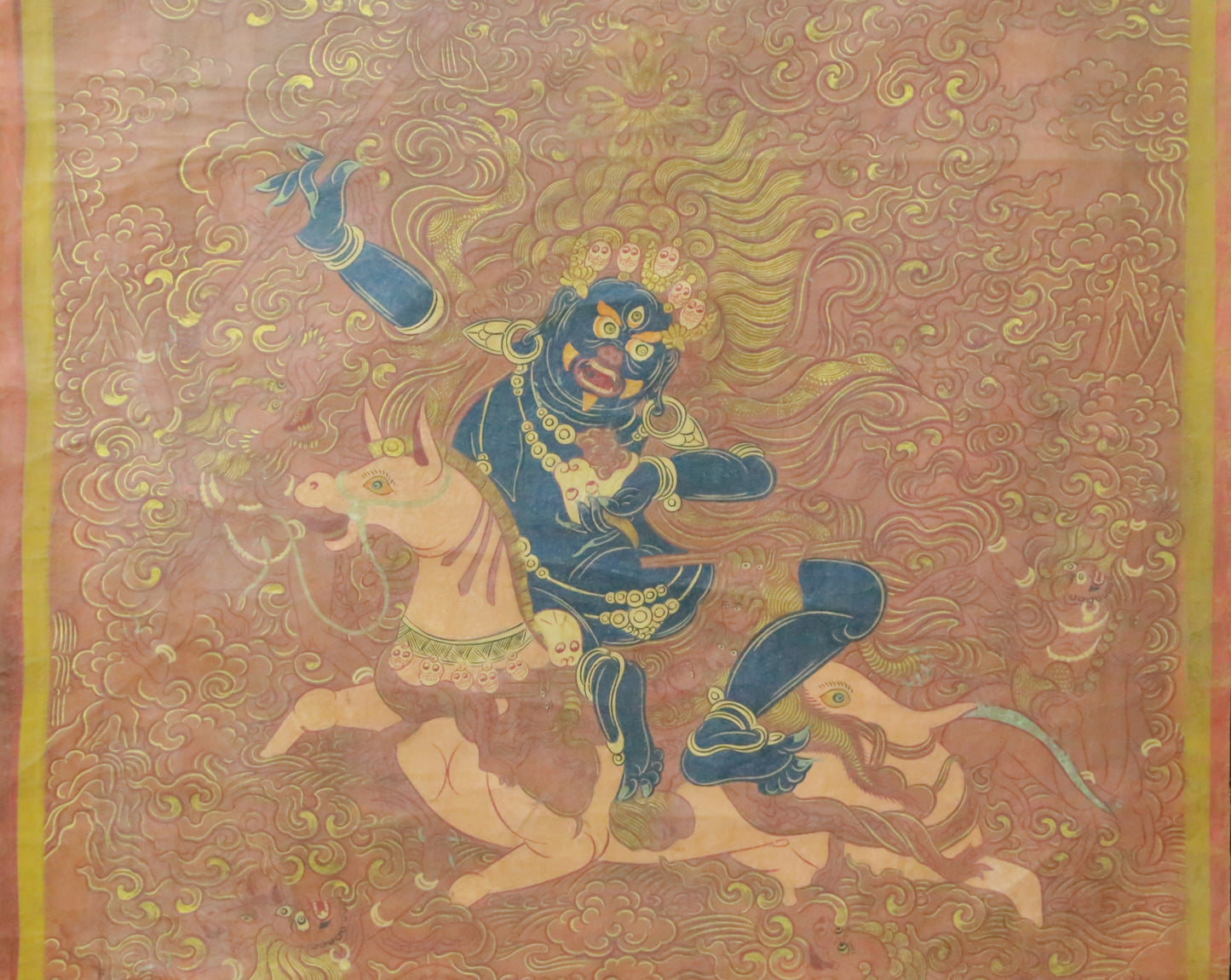 An Exquiste Painted Gold Vajrapani on Horseback Thangka