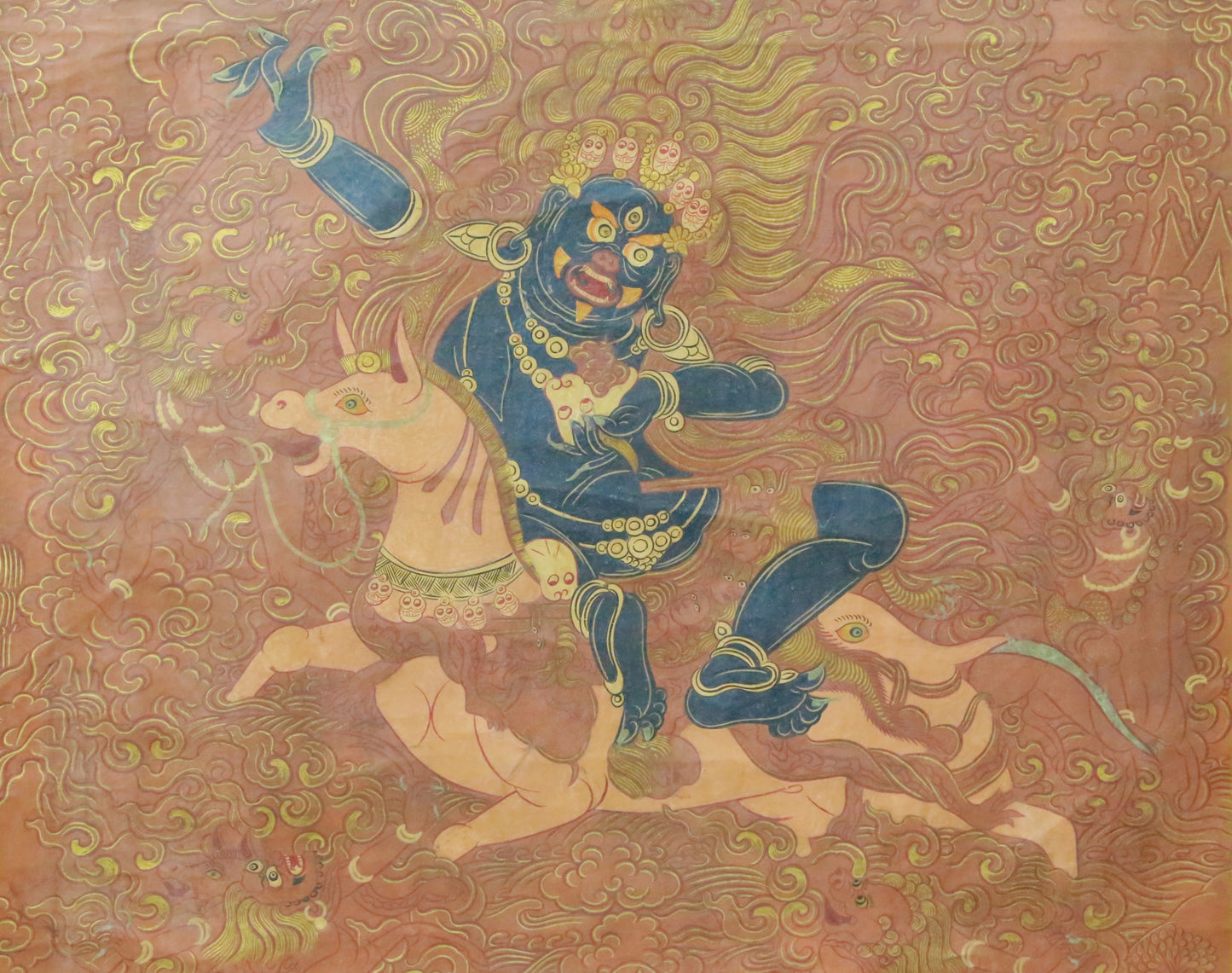 An Exquiste Painted Gold Vajrapani on Horseback Thangka