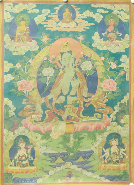 An Exquiste Painted Gold Green Tara Thangka