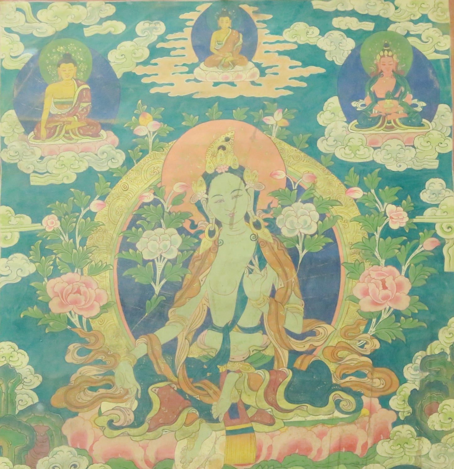 An Exquiste Painted Gold Green Tara Thangka