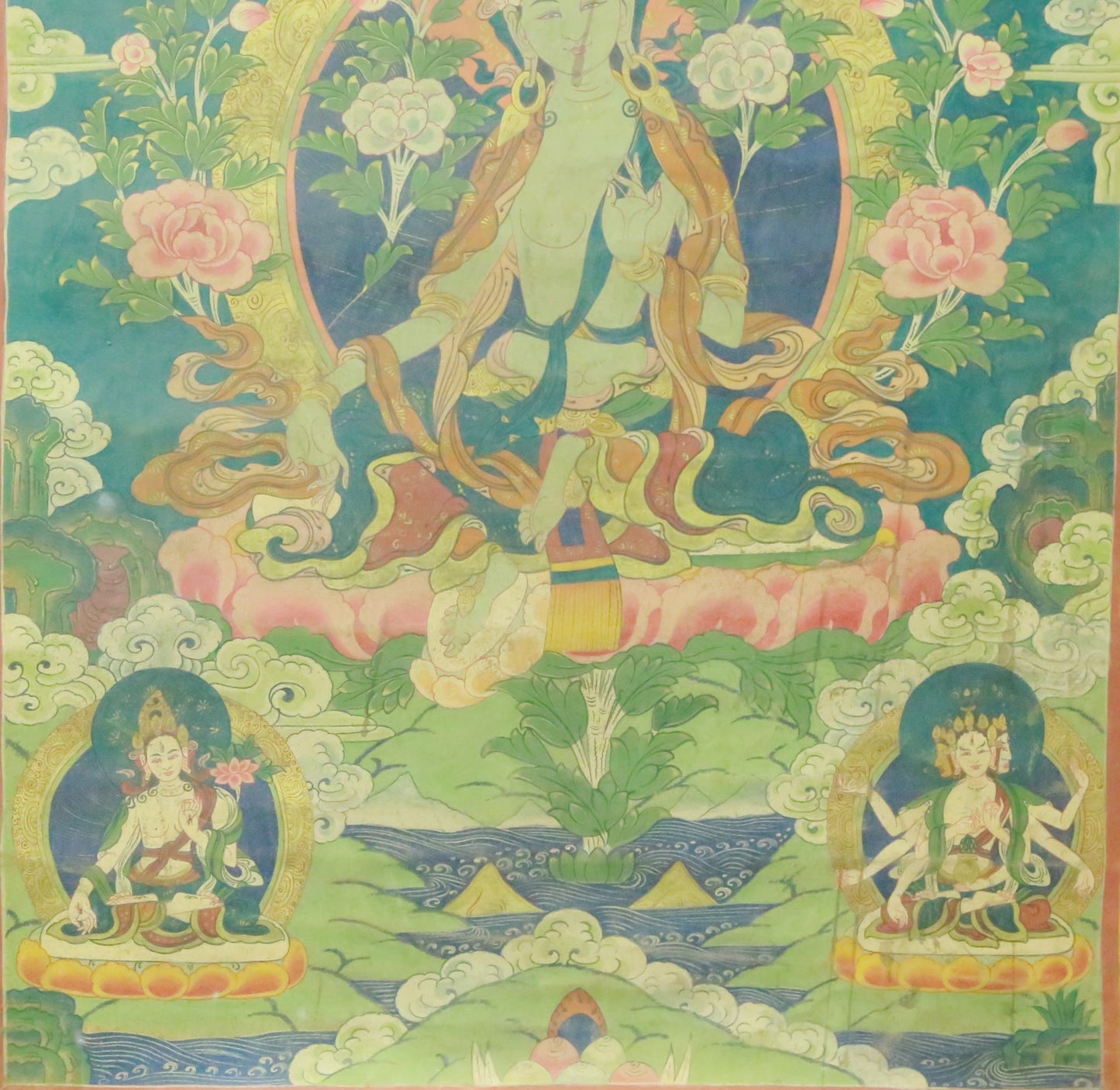 An Exquiste Painted Gold Green Tara Thangka