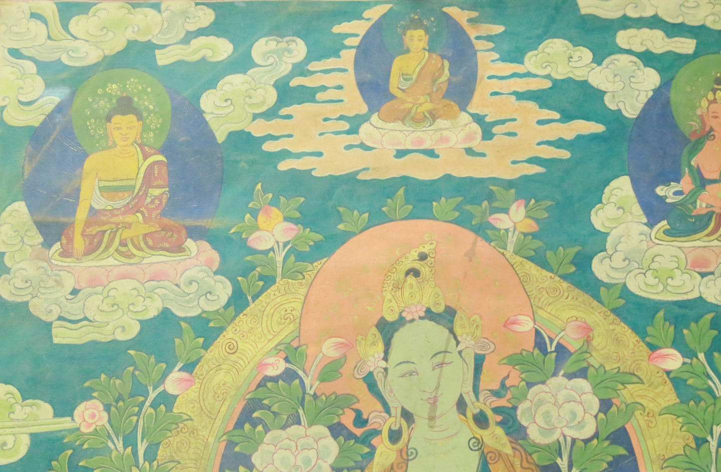 An Exquiste Painted Gold Green Tara Thangka