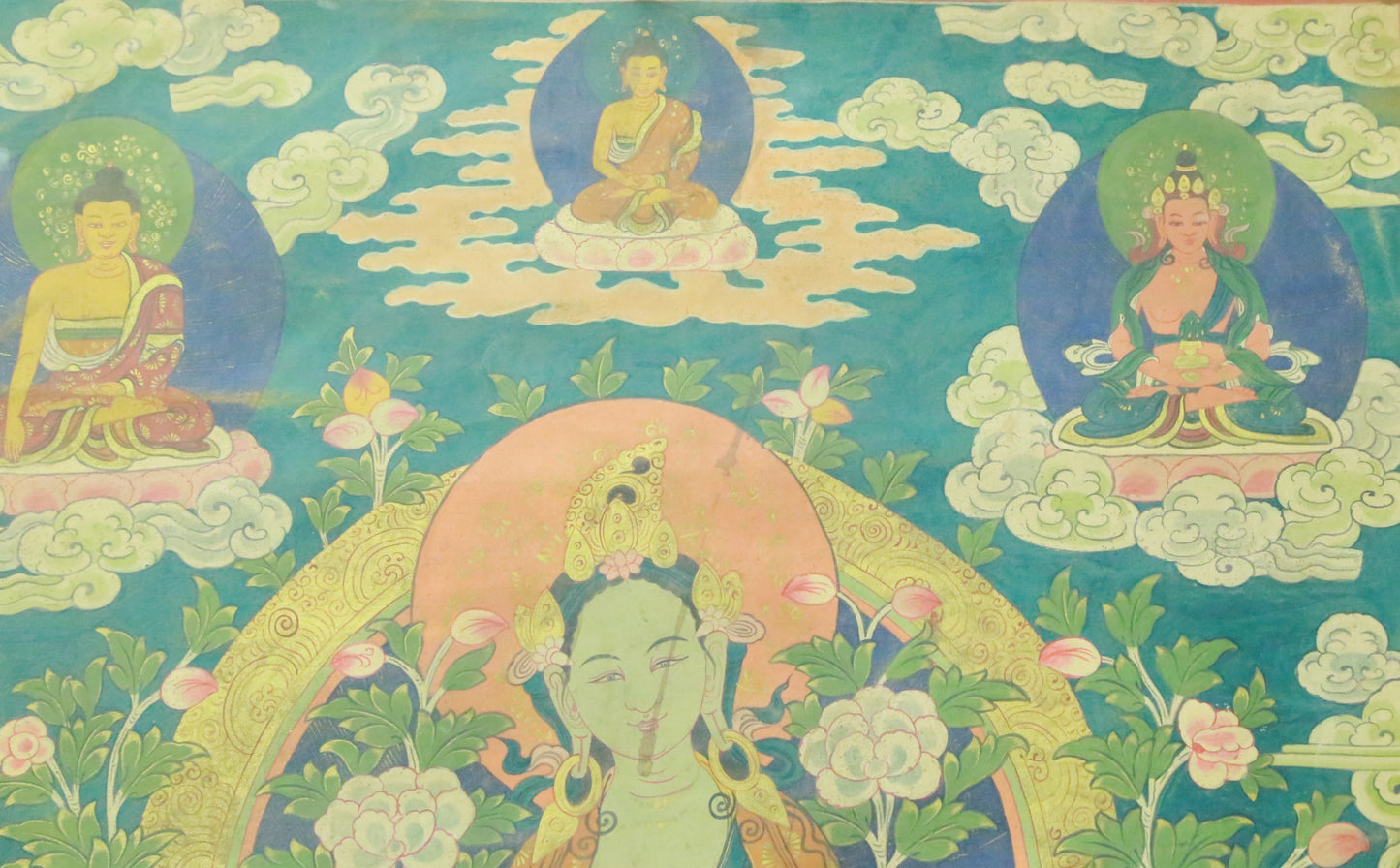 An Exquiste Painted Gold Green Tara Thangka