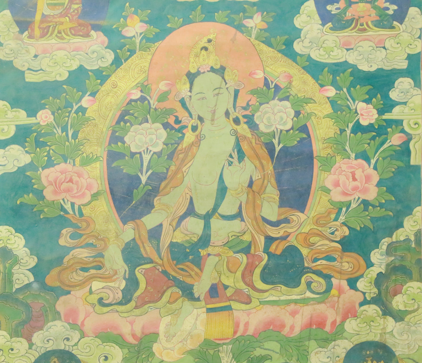 An Exquiste Painted Gold Green Tara Thangka