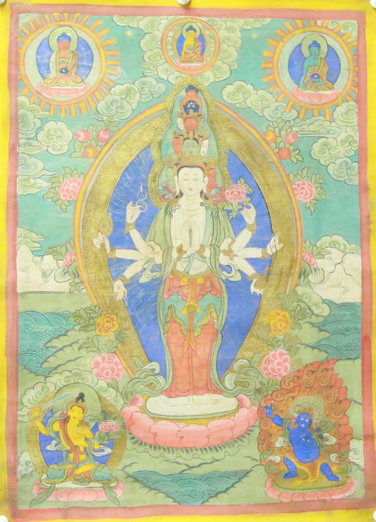 An Exquiste Painted Gold Eleven-faced Avalokiteshvara Thangka