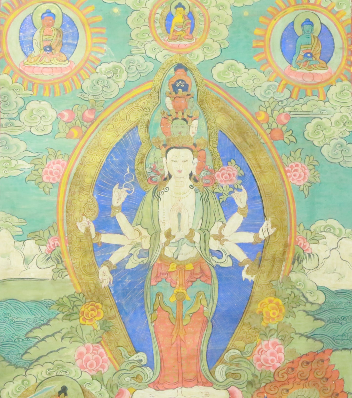 An Exquiste Painted Gold Eleven-faced Avalokiteshvara Thangka