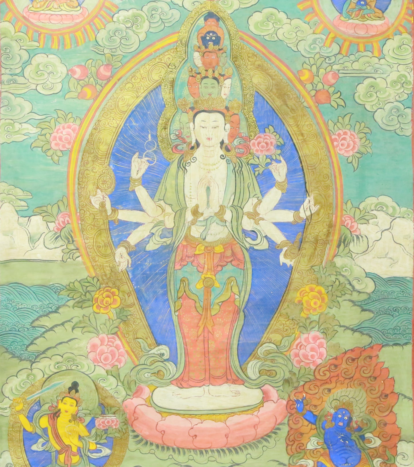 An Exquiste Painted Gold Eleven-faced Avalokiteshvara Thangka