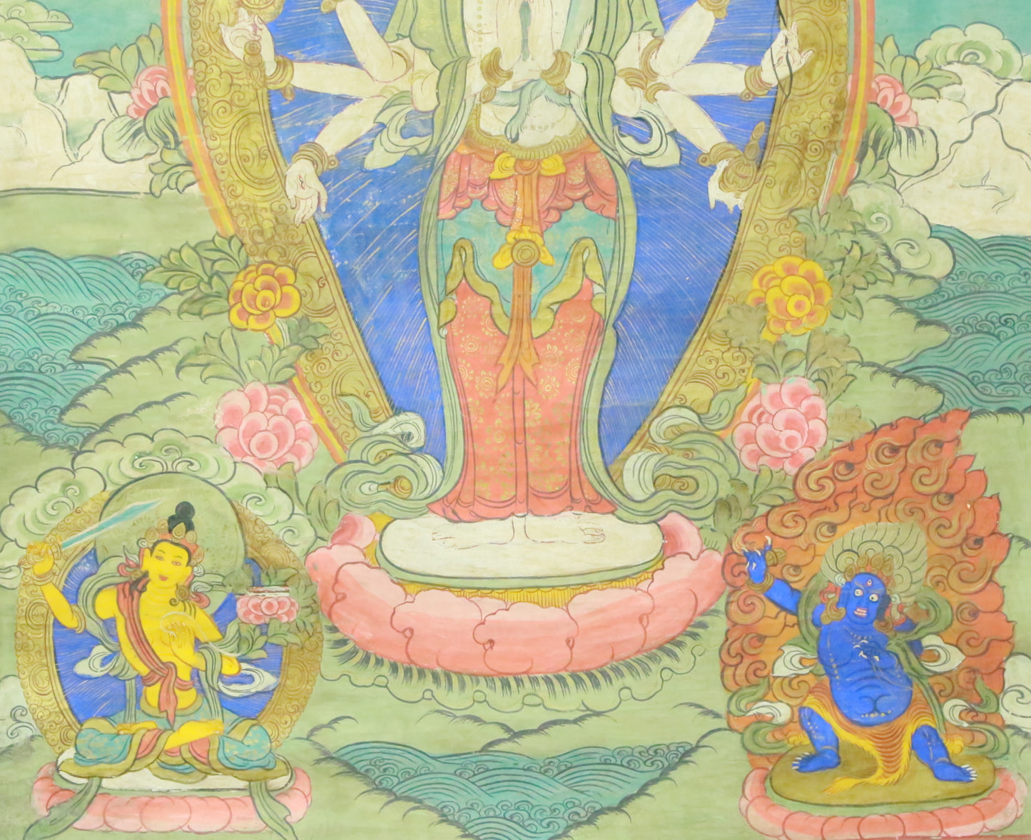 An Exquiste Painted Gold Eleven-faced Avalokiteshvara Thangka