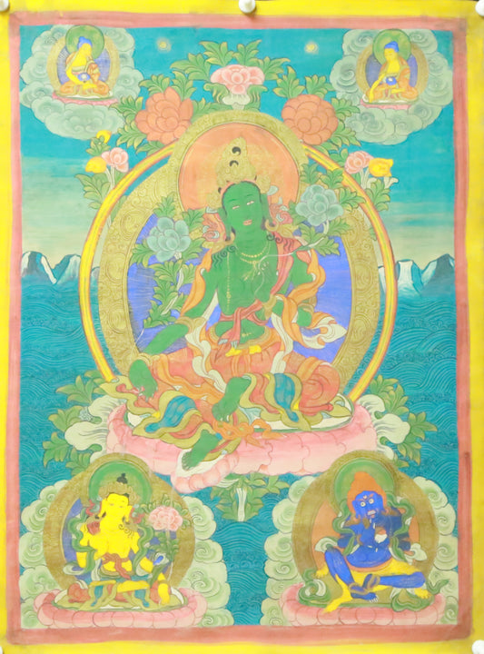 An Exquiste Painted Gold Green Tara Thangka