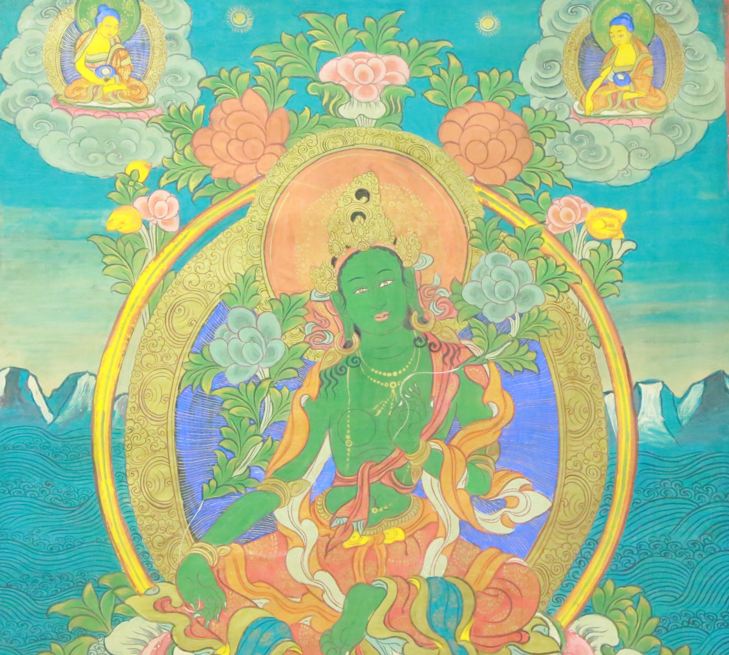 An Exquiste Painted Gold Green Tara Thangka