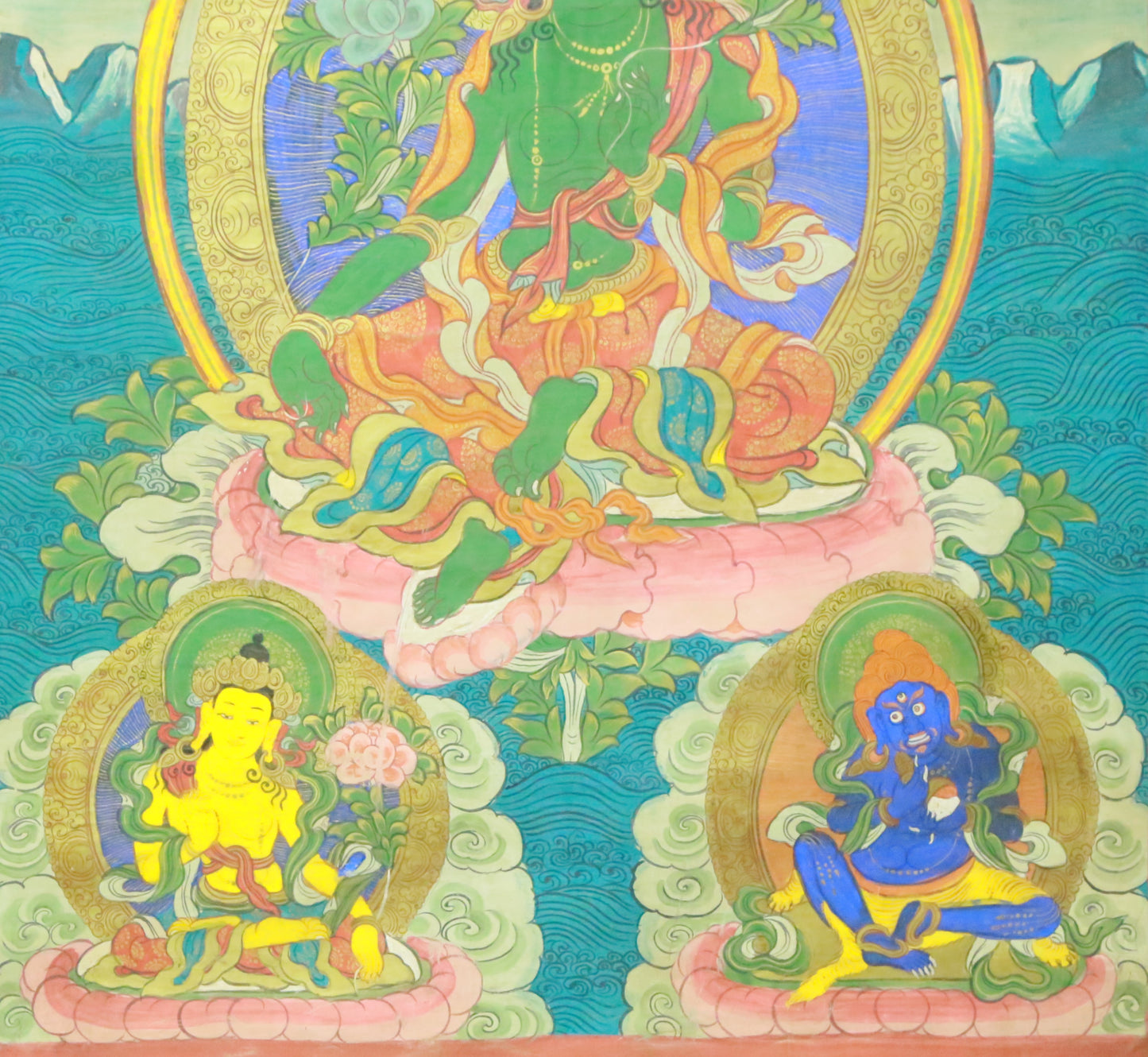 An Exquiste Painted Gold Green Tara Thangka