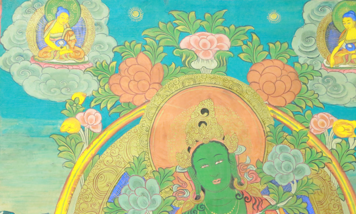 An Exquiste Painted Gold Green Tara Thangka