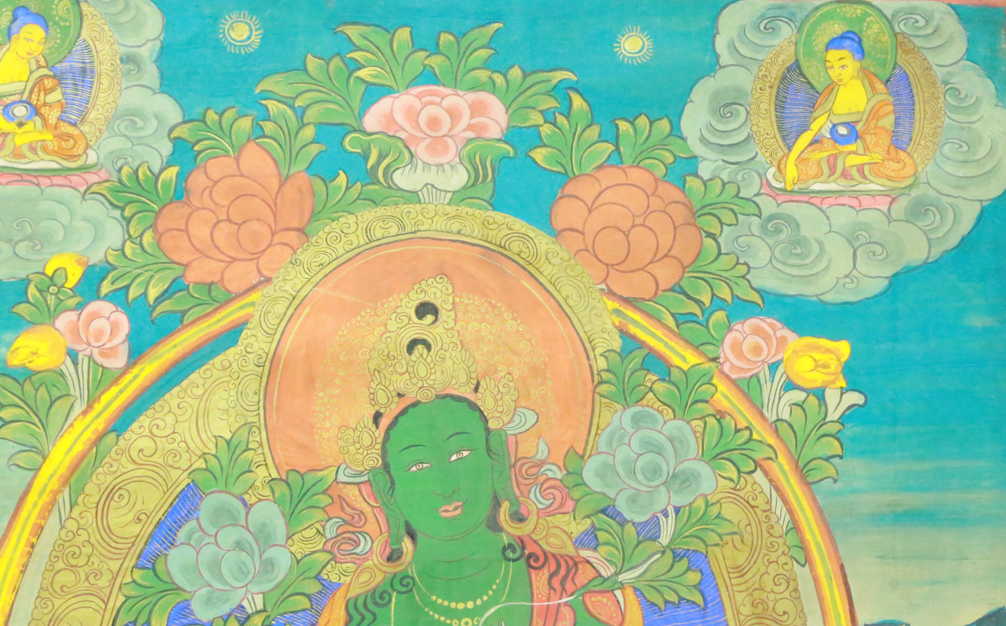 An Exquiste Painted Gold Green Tara Thangka