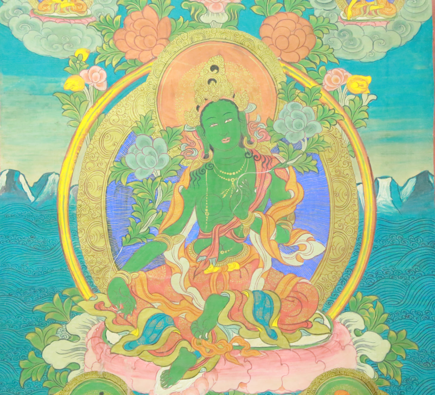 An Exquiste Painted Gold Green Tara Thangka