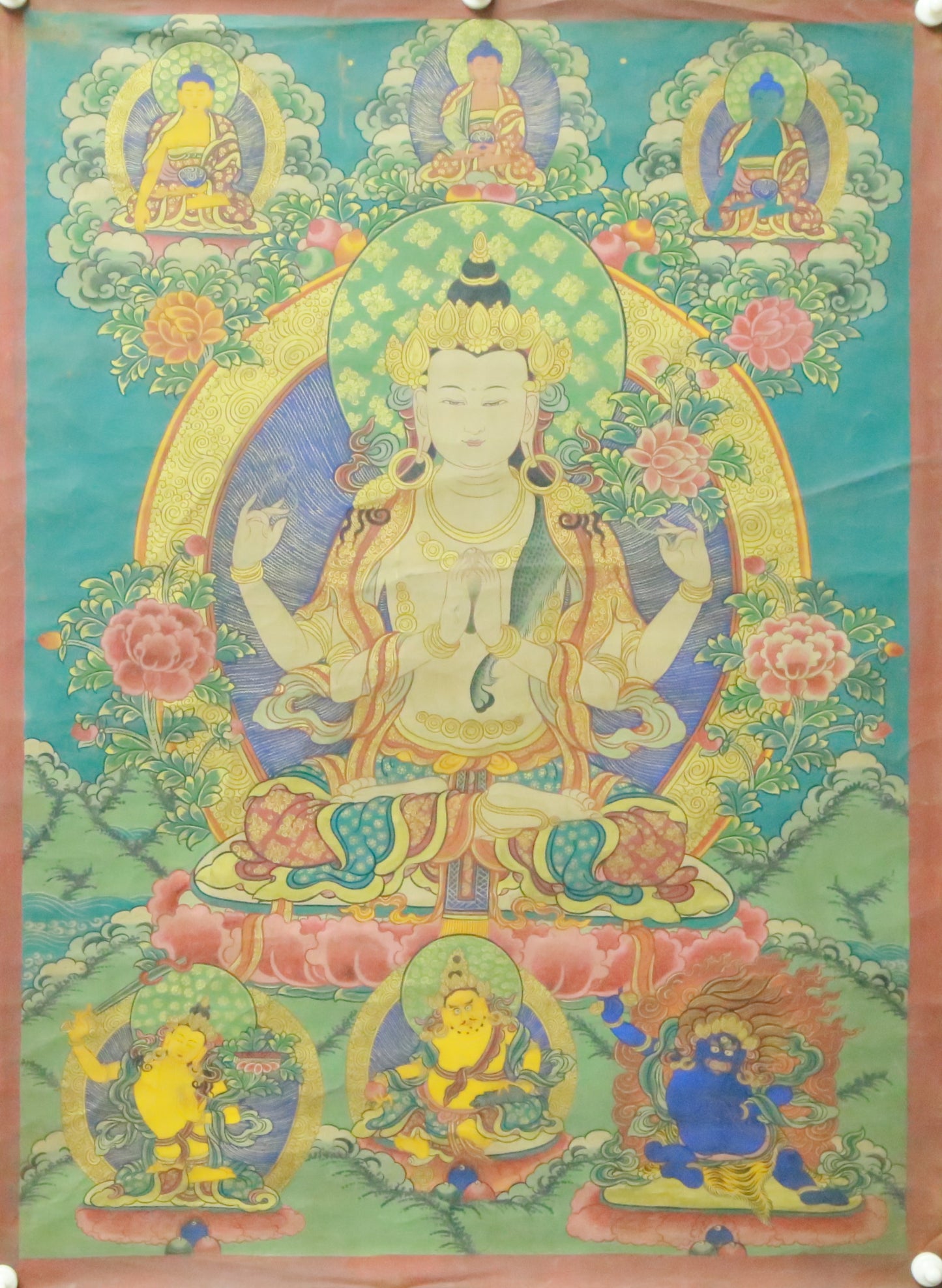 An Exquiste Painted Gold Four-Armed Avalokiteshvara Thangka