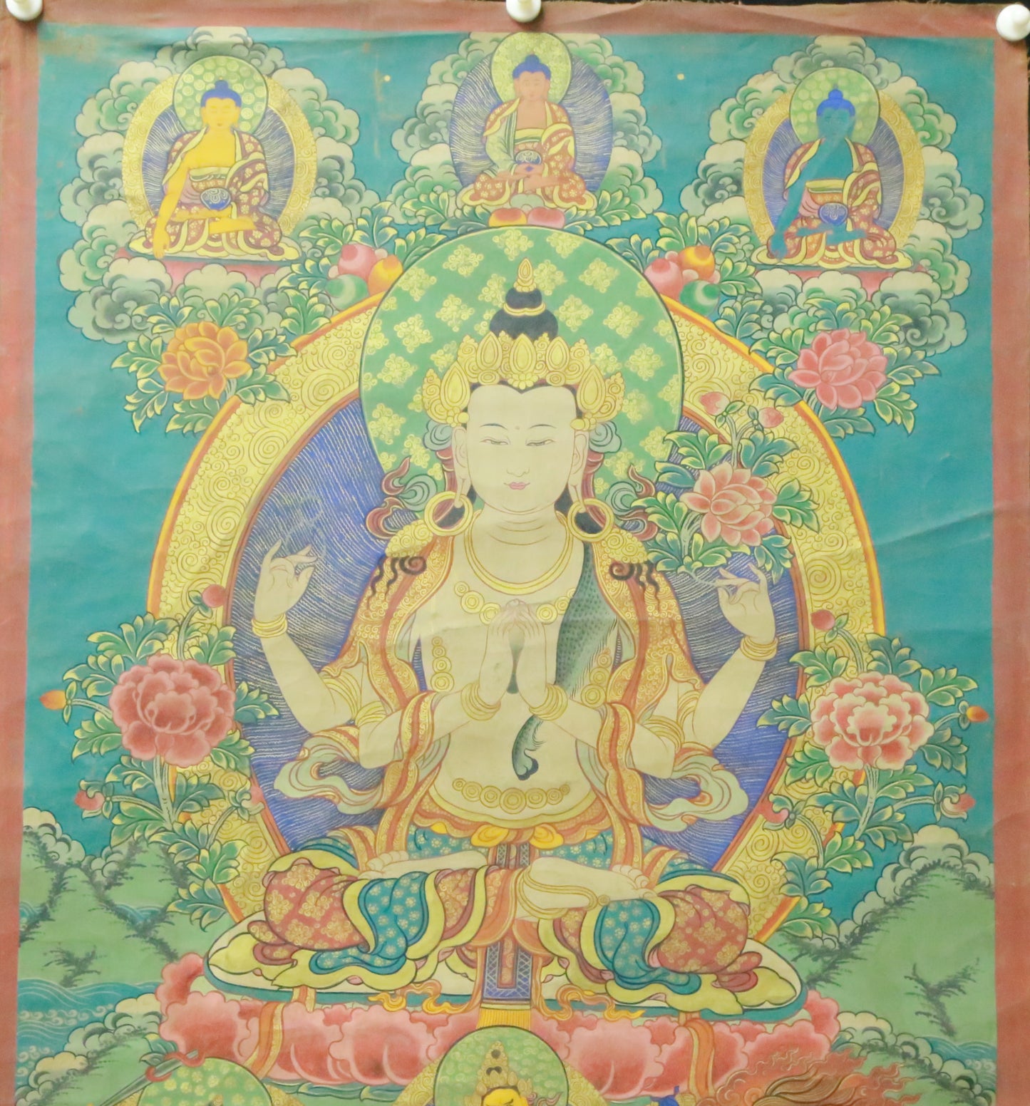 An Exquiste Painted Gold Four-Armed Avalokiteshvara Thangka