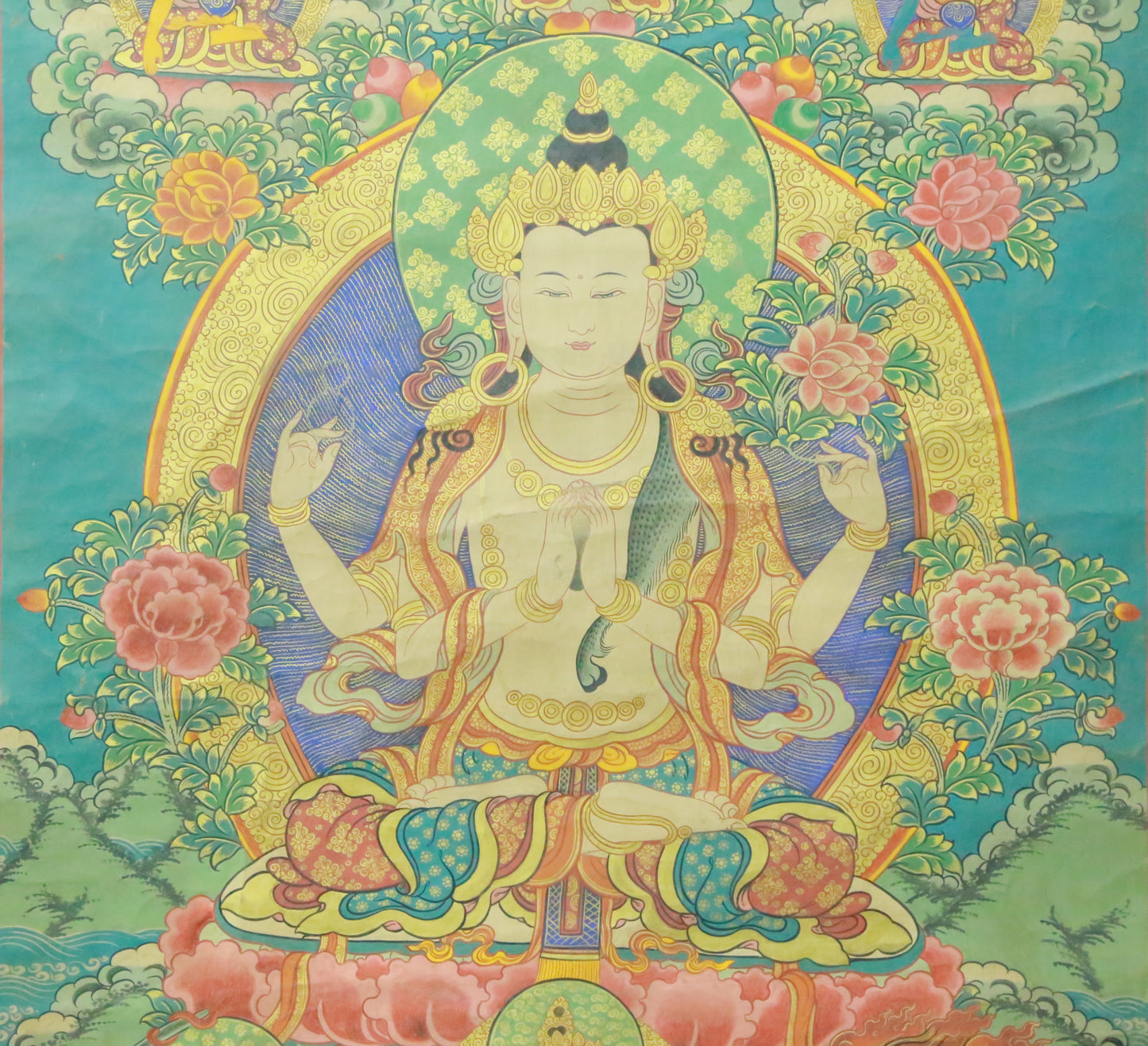 An Exquiste Painted Gold Four-Armed Avalokiteshvara Thangka