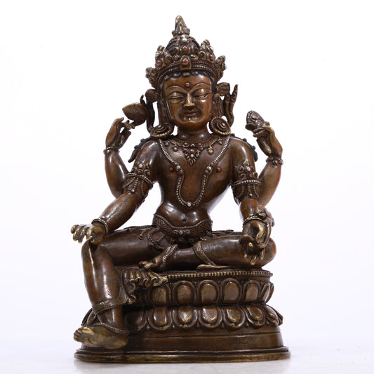 A Brilliant Alloy-Copper Silver-Inlaid Figure Of Four-Armed Avalokiteshvara With Inscriptions